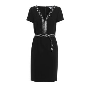 Diane von Furstenberg Black Polka Dot Trim Belted V-Neck Sheath Dress 6